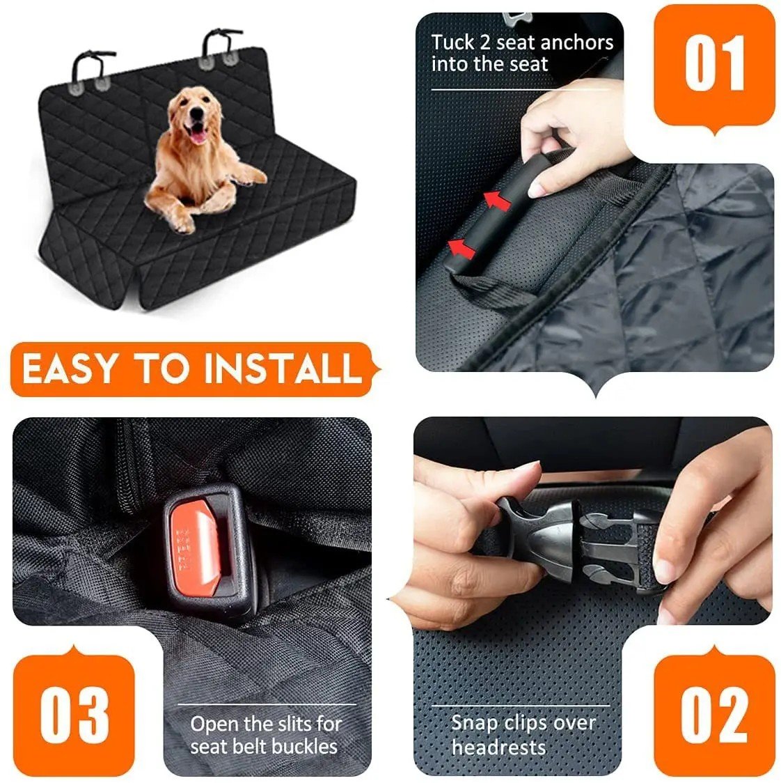 How to fit the dog car hammock: tuck the seat anchors, snap the clips over the headrests, open the seat belt slits
