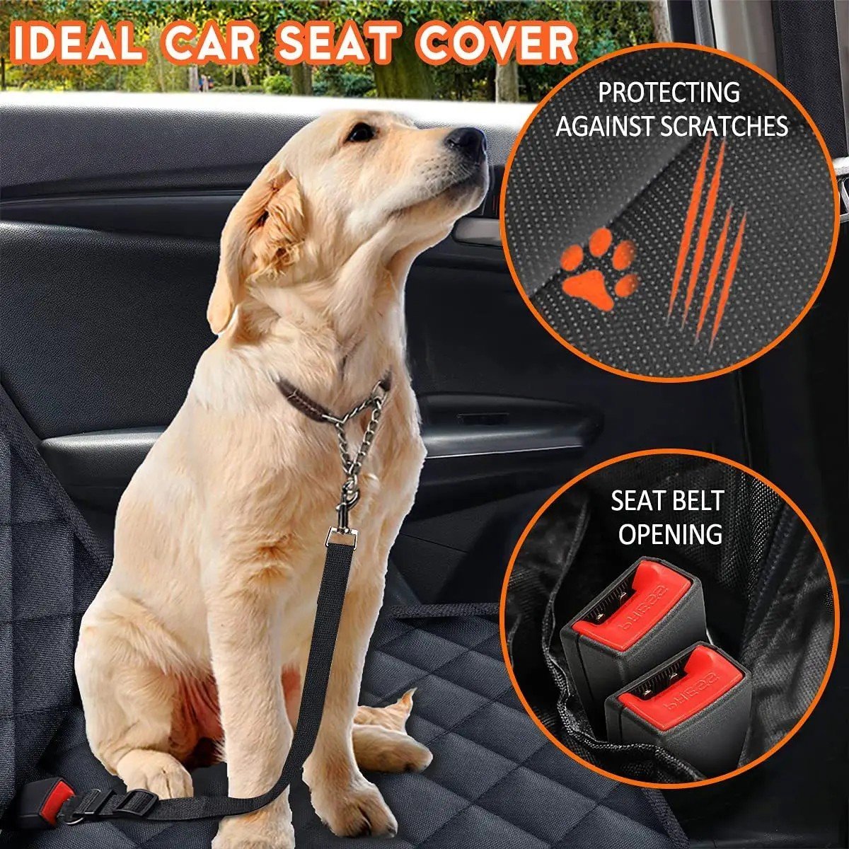 Dog car hammock fitted in a car showing the quilted surface and seat belt opening