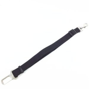 Black adjustable dog car seat belt with metal buckle tongue and swivel clip