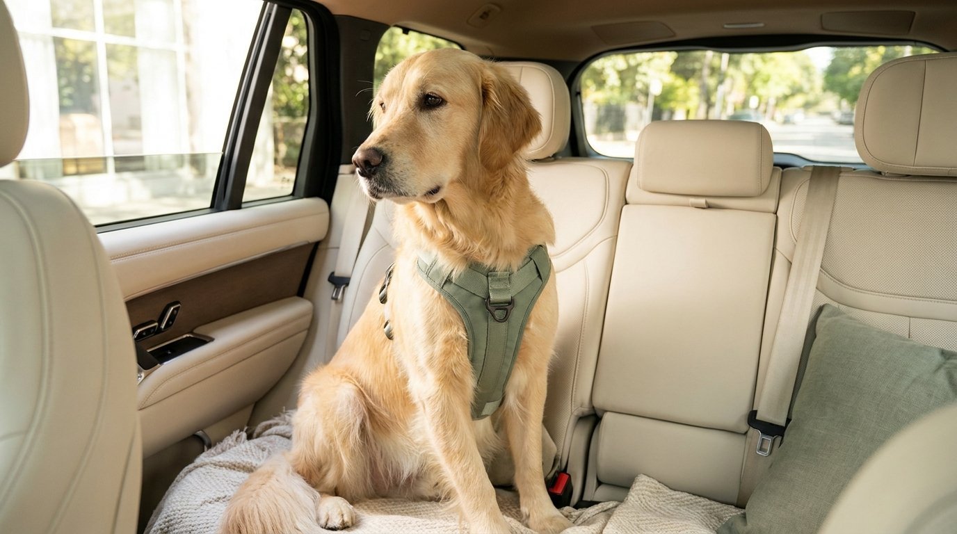 A golden retriever wearing a green safety harness clipped into a car seat belt on the back seat