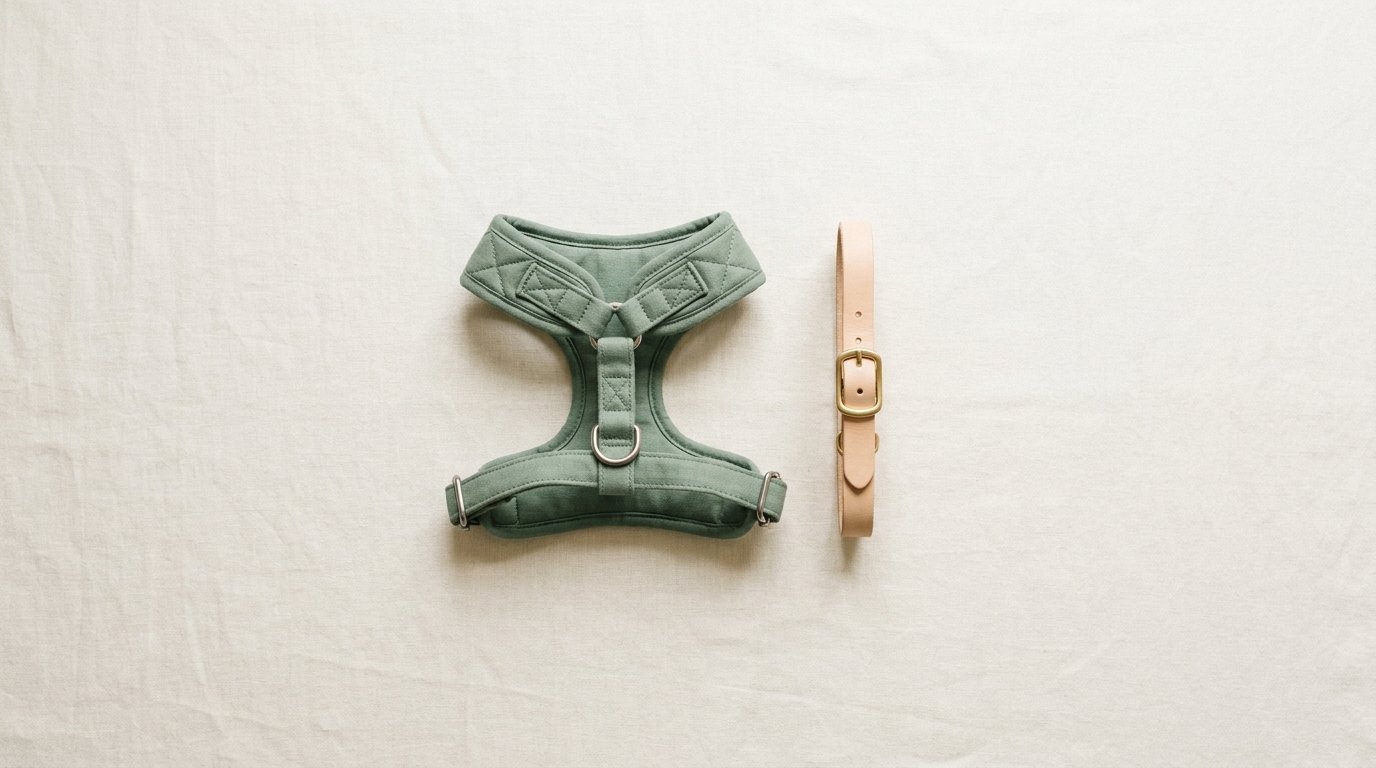 A padded dog harness on the left and a thin collar on the right