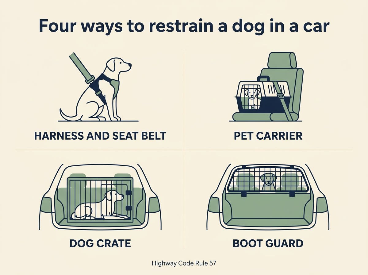 Infographic showing four ways to restrain a dog in a car: harness and seat belt, pet carrier, dog crate and boot guard