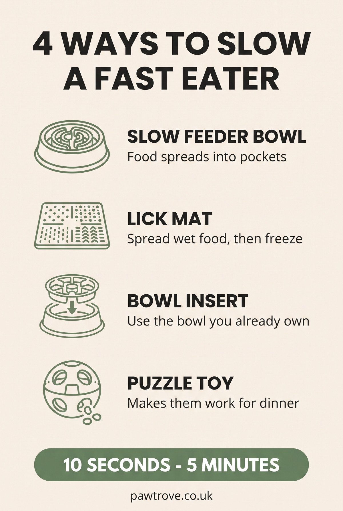 Infographic showing four ways to slow a fast-eating dog: a slow feeder bowl, a lick mat, a bowl insert and a puzzle toy